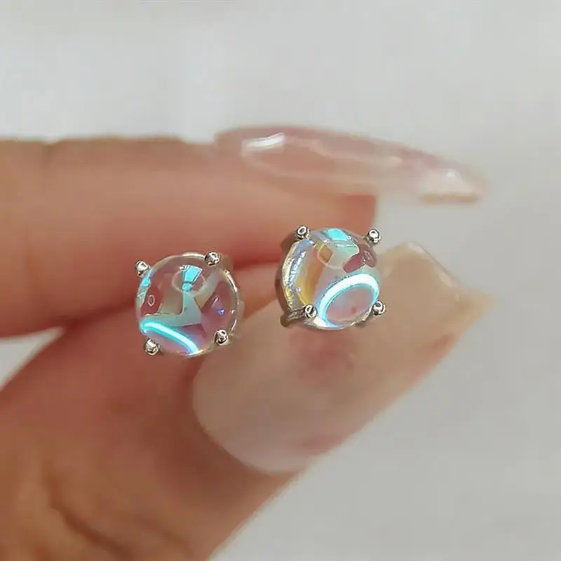 Huitan Women Stud Earrings with Color Changing Round Stone Simple Versatile Party Daily Accessories Silver Color Lady Jewelry