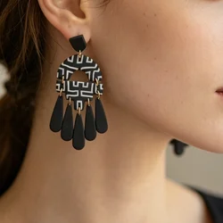 Elegant Long Black White Polymer Clay Chandelier Earrings Set with Classic Floral Animal Pattern Multi-Size Drop Dangle Jewelry