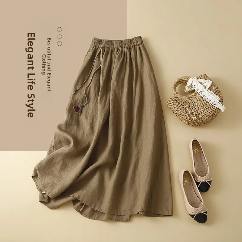 Ladies Cotton Linen A-Line Midi Skirt Lazy Design Summer Long f Body Skirt High Waist Pure Color Commute Sle