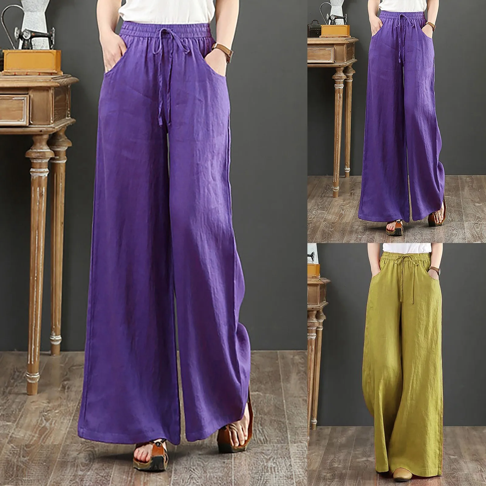 2023 Spring New Linen Loose Casual Wide Leg Trousers Elastic-waisted Floor-length Straight-leg Pants Streetwear Oversize Pants