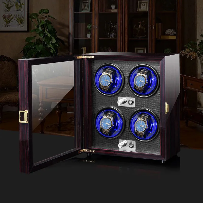 Luxury Watch Winder 4 Watches Rotating Automatic Watches Box Silent Antimagnetic Transparent Lid Automatic Winding with Light