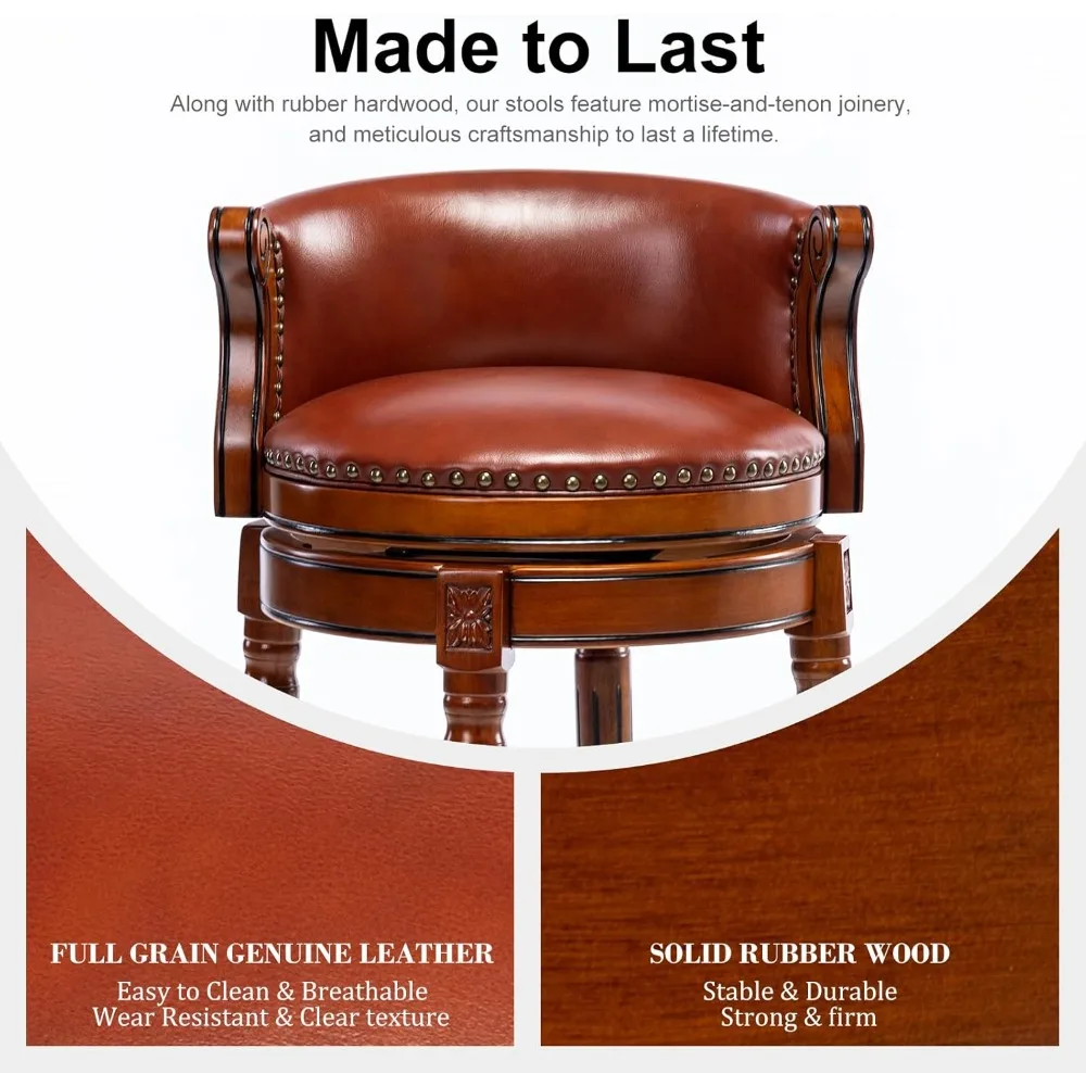 등받이와 발판이 있는 가죽 쿠션 회전 바 스툴, 카운터 높이, 가정 및 주방용 고무나무로 제작