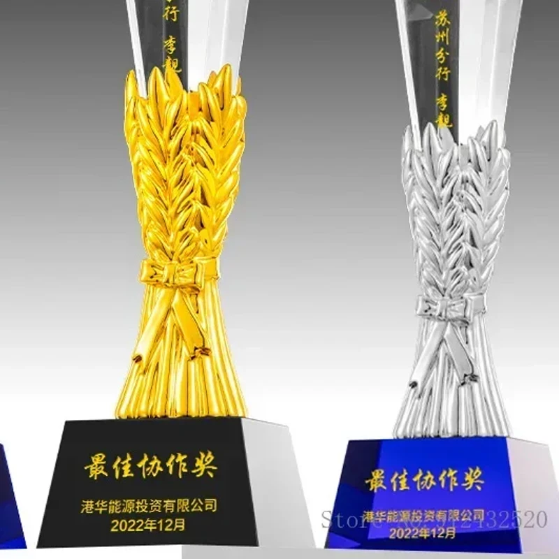 Customized Five pointed Star Pillar Crystal Trophy Excellent Souvenir Reward Home Decoration, Honor Gold Silver Copper Medal 1Pc