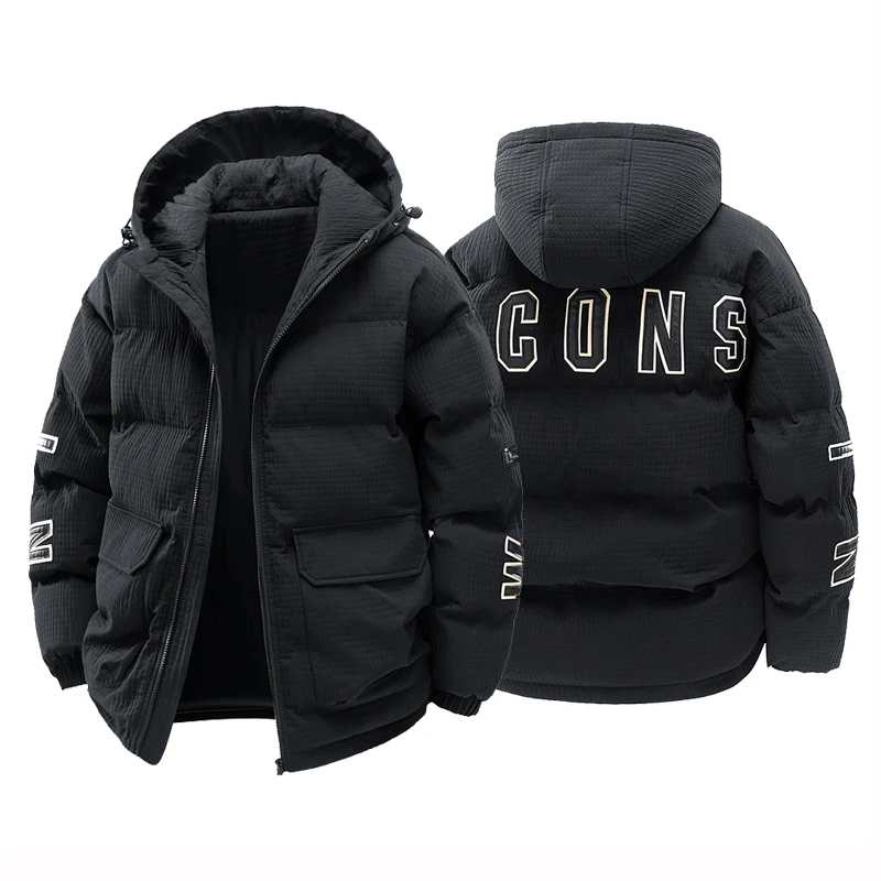 

Новая зимняя утолщенная теплая хлопковая одежда, пальто, мужская повседневная свободная куртка с капюшоном, толстый топ, модная одежда с буквенным принтом