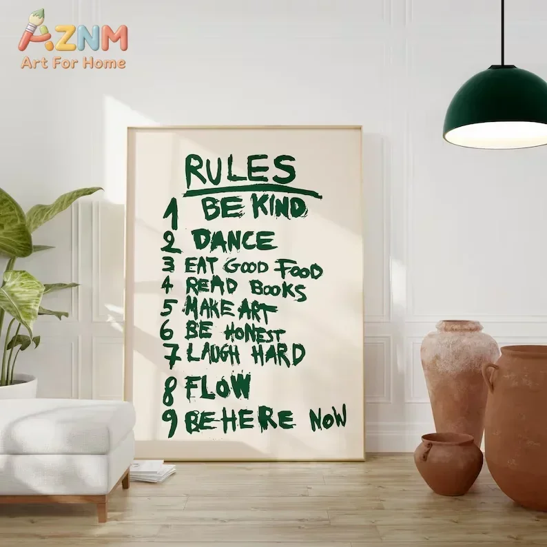 AZNM House Rules Canvas Print, Frameless Positive Life Rules Quote Wall Poster, Green Handwritten Text Artwork for Living Room B