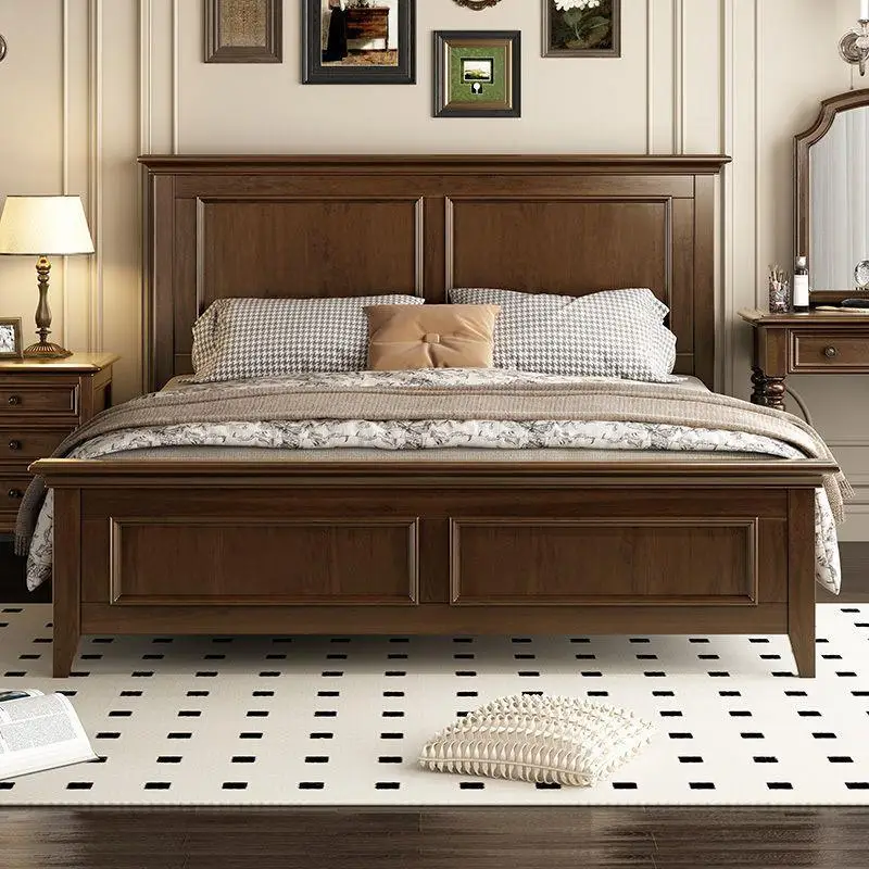 DSA all solid wood flat head bed double master bedroom wedding bed retro simple big classic bed heightened reinforcement