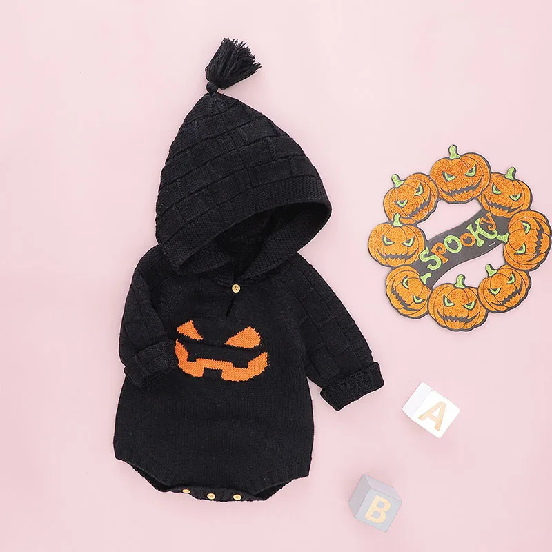 Infant Newborn Baby\'s Clothes Halloween Knitted Romper Pumpkin Face Pattern Long Sleeve Hooded Costumes Children\'s Clothing Set