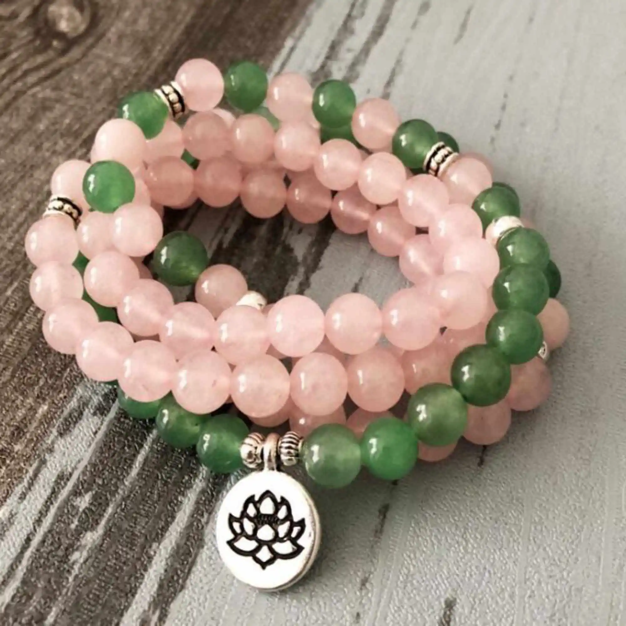 Natural Yoga Jewelry 108 bead pink crystal green aventurine bracelet Jewelry Day Wrist Blessing Energy Inspiration Relief Mala