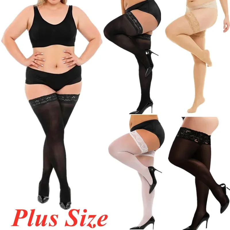

Plus Size Women Sexy Thigh High Long Socks Stockings Plus Size Lace Top Over Knee high Silk Stockings with Anti-slip Silicone