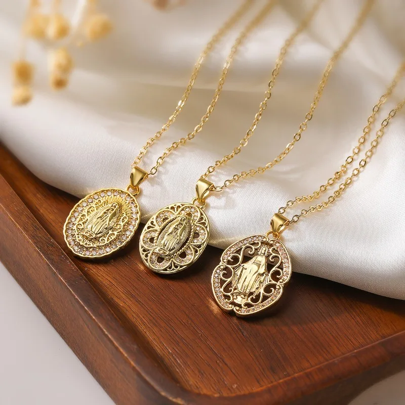 Vintage Guadalupe Virgin Mary Necklace Gold Plated Filigree Oval Pendant Adjustable And Stackable Chain Link Jewelry Gift