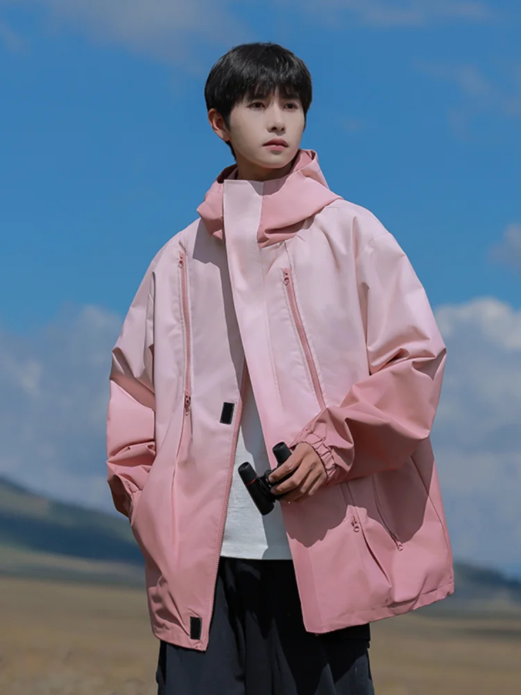 Unisex Outdoor Windproof Fleece Lined Zipper Hooded Jacket Casual Style Spring Autumn Gradient Color Sports Leisure Coat