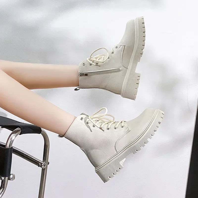 Ankle Boots Women Genuine Cow Leather Lace-Up Round Toe Lady Booties Autumn Winter Platform Sole Shoes Handmade