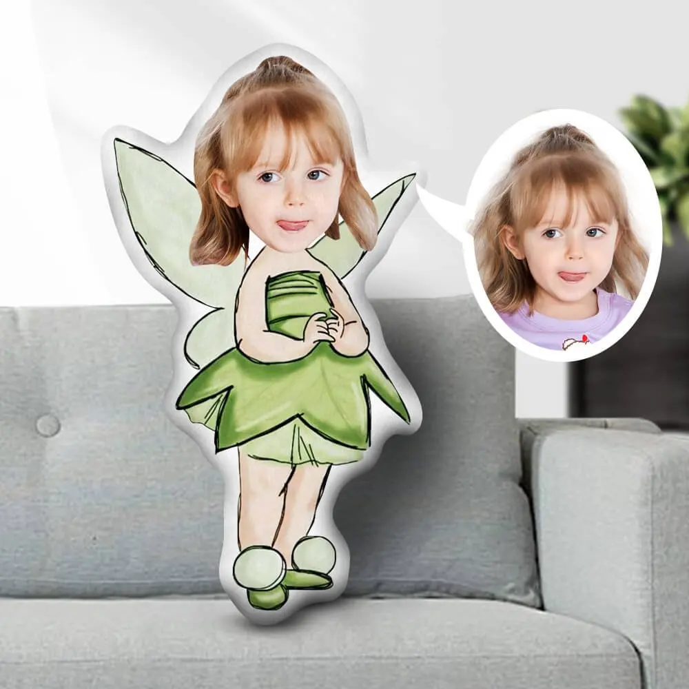 

Minime Pillow cushion Dolls Photo Face customized Pillow creative Personalized Girl Face Pillow Elf Fairy In Green Dress