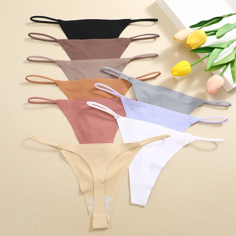 FINETOO 3PC Women Seamless Underpants Thongs Sexy Low Waist G-String Panties Female Solid Color Traceless Bikini T-back Lingerie