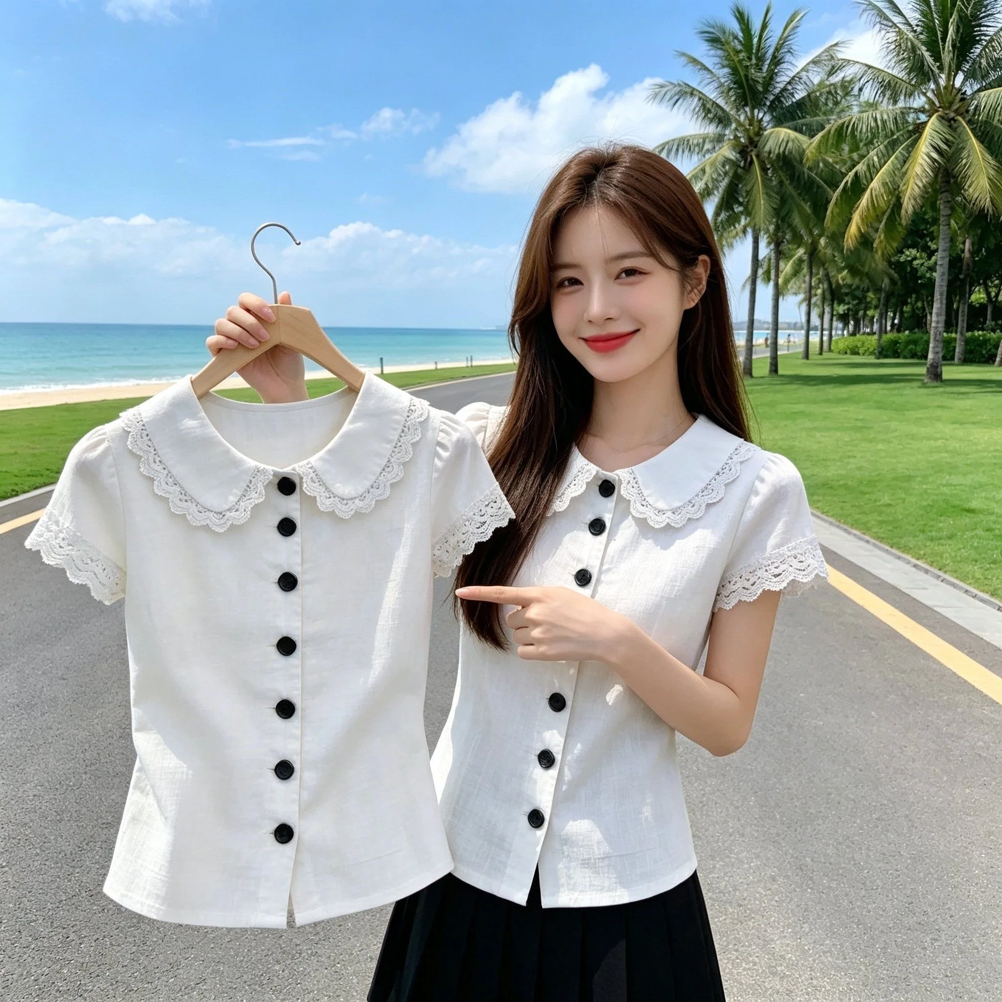 Pink Lace Splice Shirt Women's Fashion Slim Fit Single Button Doll Collar Top Breathable Moisture Wicking Polyester Fiber