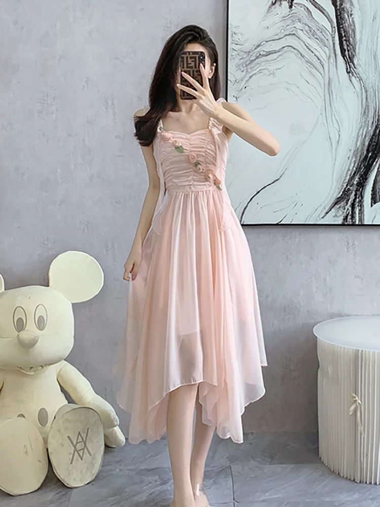 Flower chiffon slip dress summer fashion women's pink birthday dinner party long dress graduation holiday dress wedding outfit