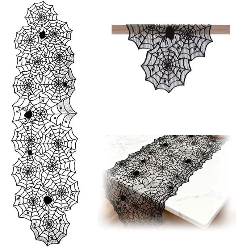TKOH-Black Lace Halloween Table Runner 13X72inch 2Pcs Spider Web Design For Dining Table, Mantle Counter, Party Decorations Mant