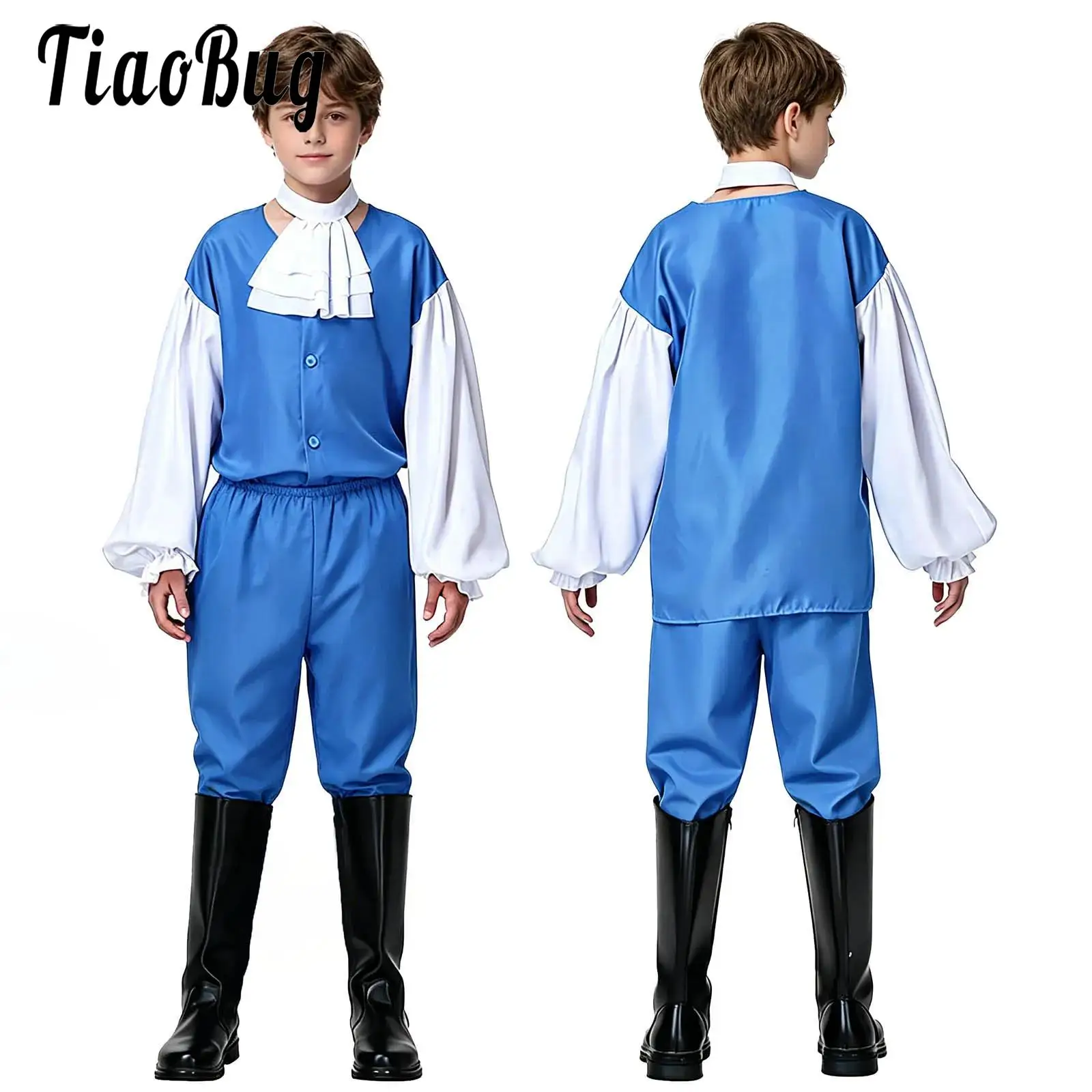 

Kids Boys 3pcs Court-style European Noble Prince Outfit Performance Costume Lantern Sleeve Faux Collar Top Pants for Halloween
