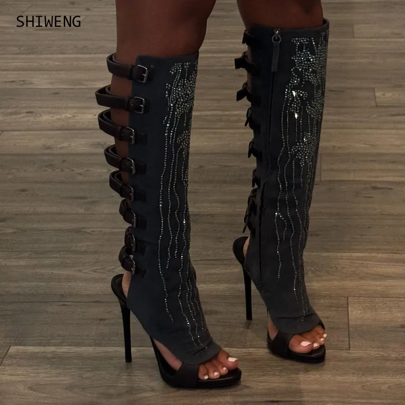 

Fashion Flock Women Knee High Boots With Thin Heels Shoes Female Open Toe Footwear Round Toe Ladies Heeled Sandals Boots Shoes