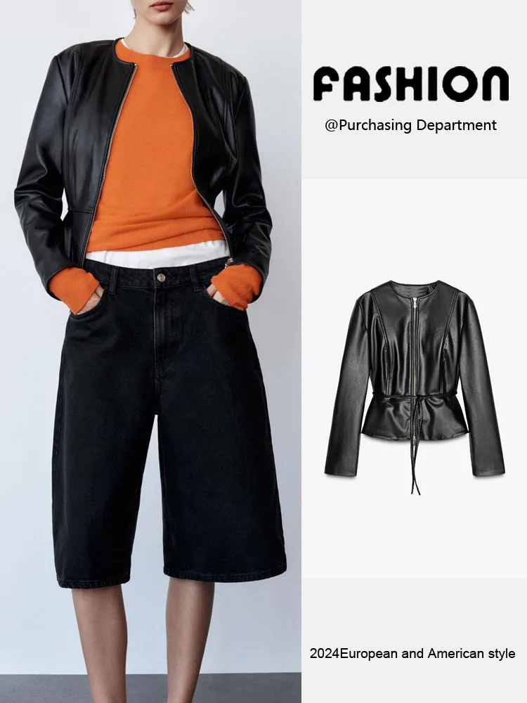 

Spring New Arrival Women's Slimming ort Skirt Sle Hem Imitation Leather round Ne Long Sve Jaet Outerwear 30069