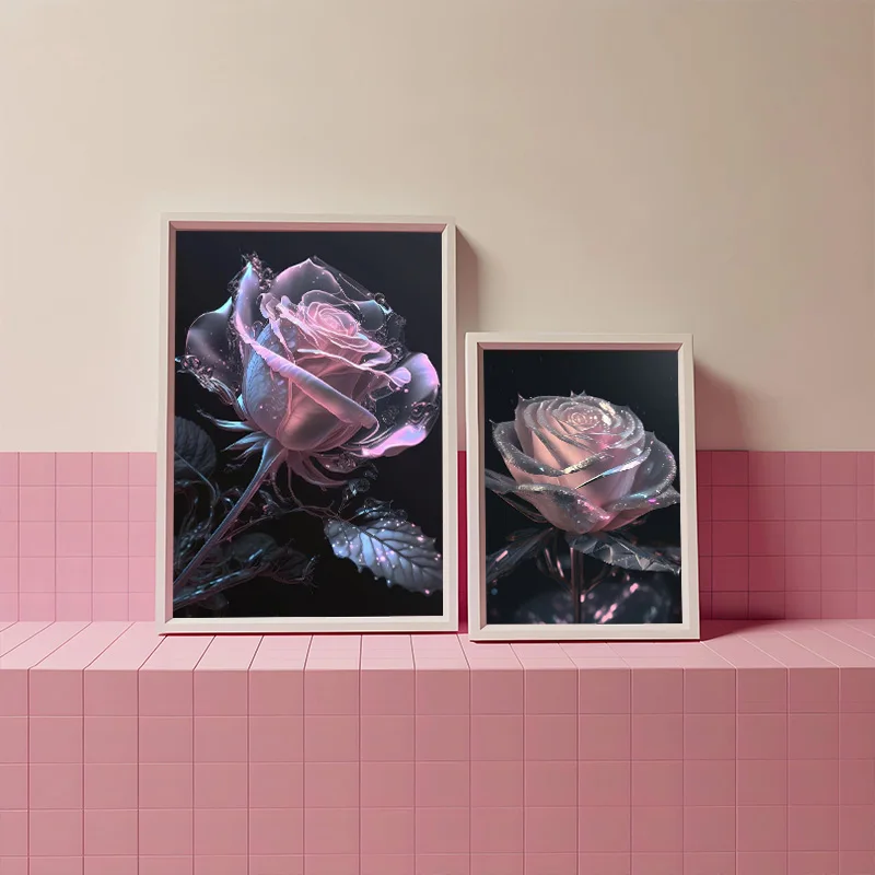 Colorful Crystal Rose Fluorescence Flowers Posters Plant Canvas Painting and Prints Wall Art HD Picture for Room Wall Home Decor