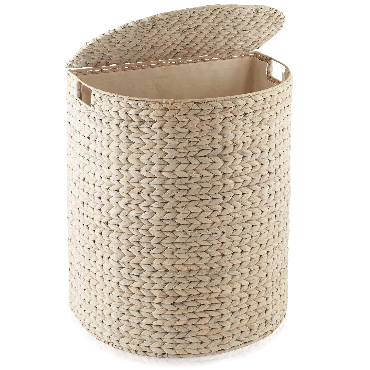 Half Moon Laundry Hamper with Lid and Removable Liner Bag - Whitewash White Woven Water Hyacinth Laundry Basket for Clothes