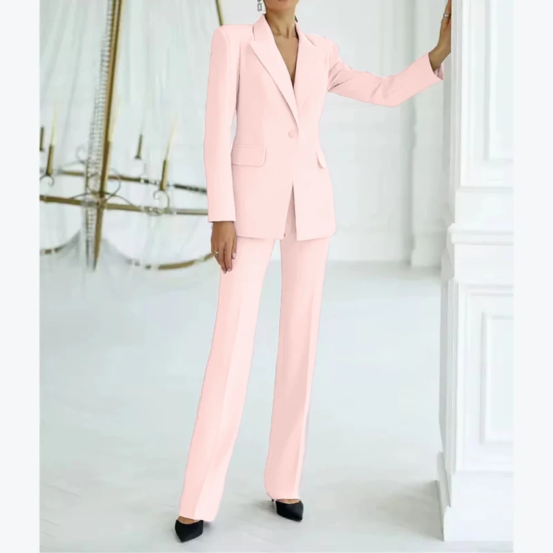 Fashion Pink Women's Suits Blazer Elegant One Button Peak Lapel Outerwear Customized Slim Fit 2 Piece Jacket Pants Full Sets