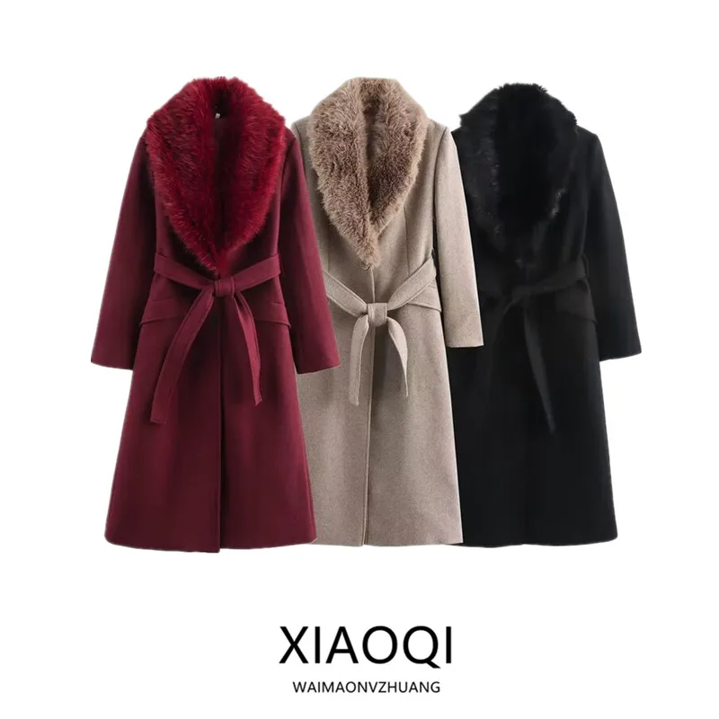 2024 Winter New Women's Faionable Woolen Coat Medium Length All-Match Fur Collar Outerwear Long Sve Commute Sle