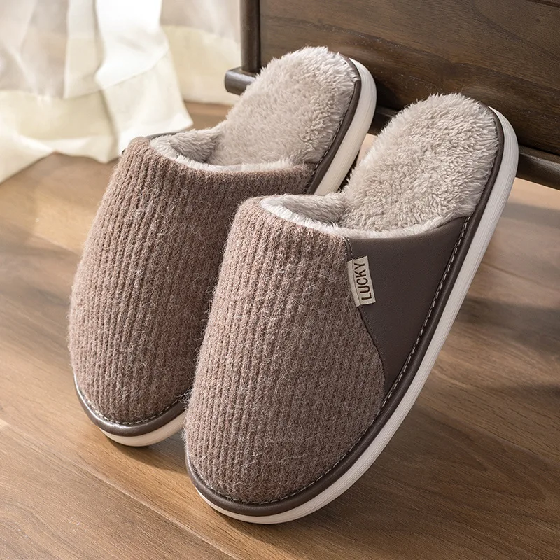 Large size cotton slippers male autumn and winter home couple plush warm step on the shit feeling floor drag silent non-slip