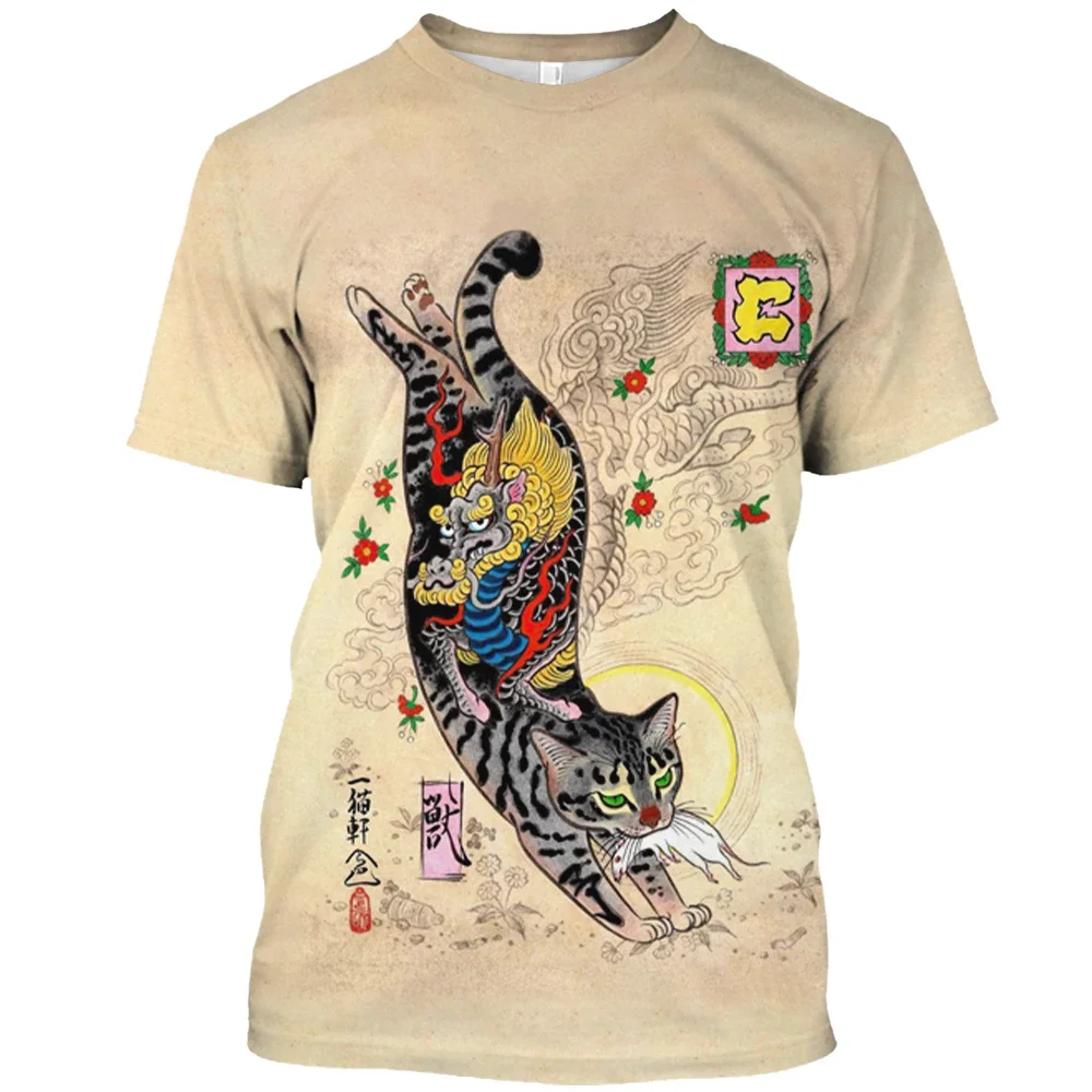 Camiseta masculina e feminina de manga curta com gola redonda, mitologia japonesa, gato samurai, estampa de Harajuku 3D, gráfico, verão