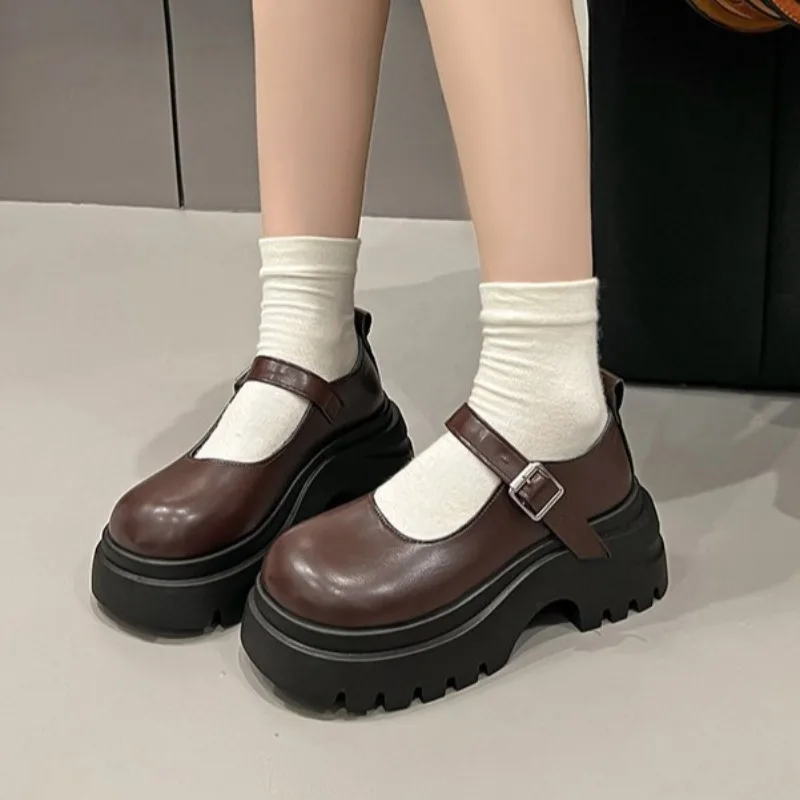 

round Head Thick Heel Leather shoes Summer New Vintage Thick Single Shoes