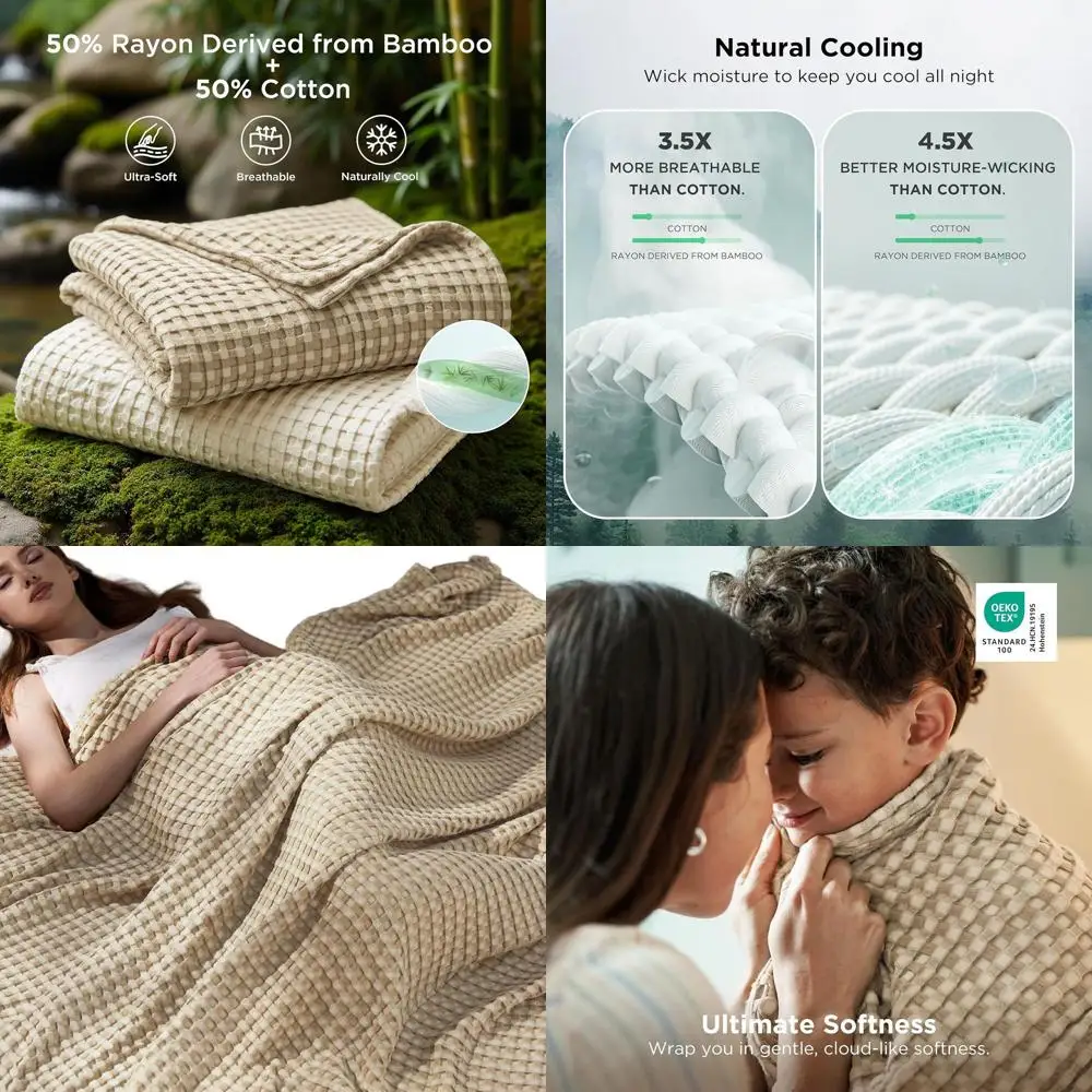 

Легкое дышащее одеяло из бамбукового вискозного волокна для тех, кто потеет во сне, размер Queen, 90x90 дюймов, светло-коричневое