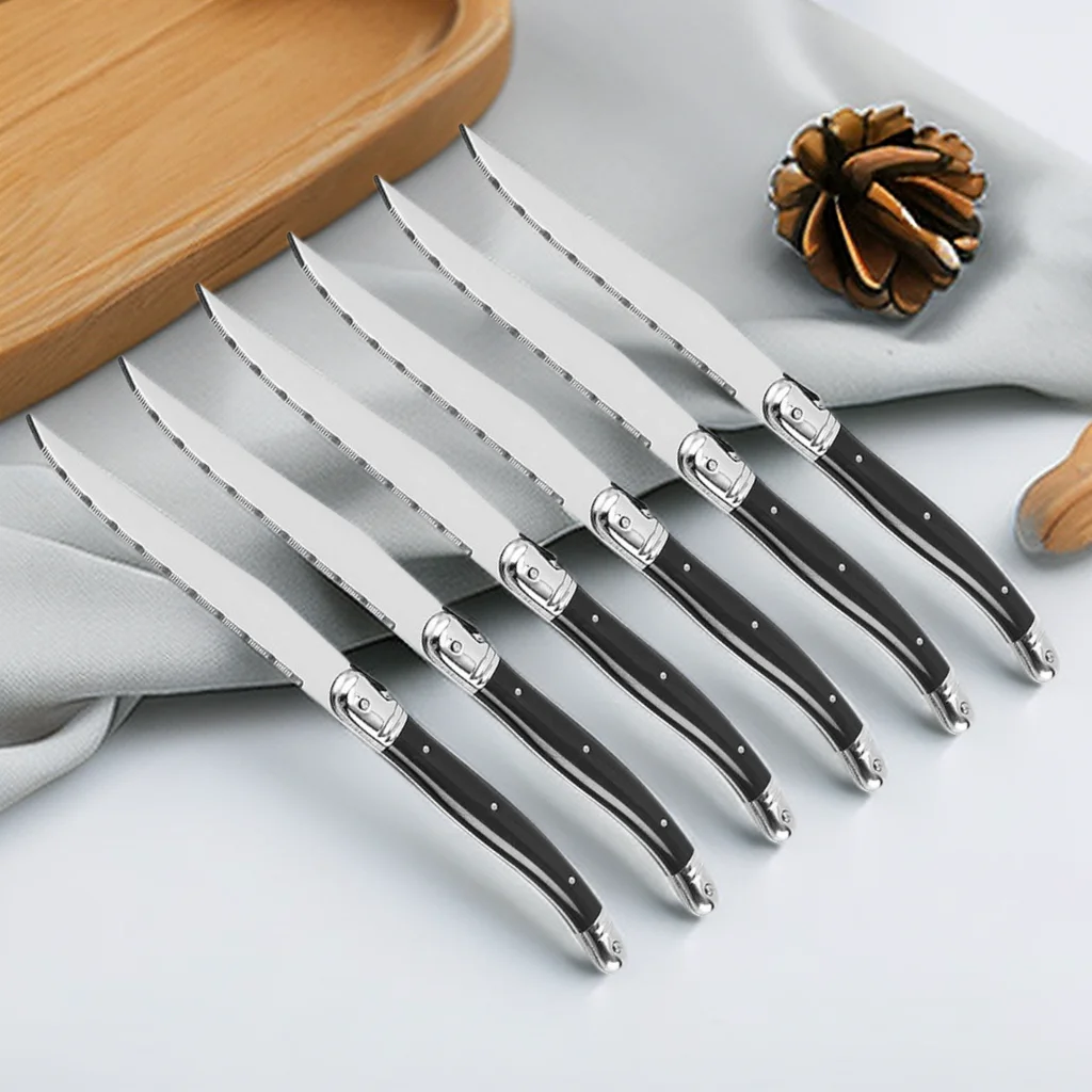 9'' Laguiole Steak Knives Set Serrated Triple Rivet Ergonomic Handle Stainless Steel Black Steel Dinner Table Knife 1/4/6/8 Pcs