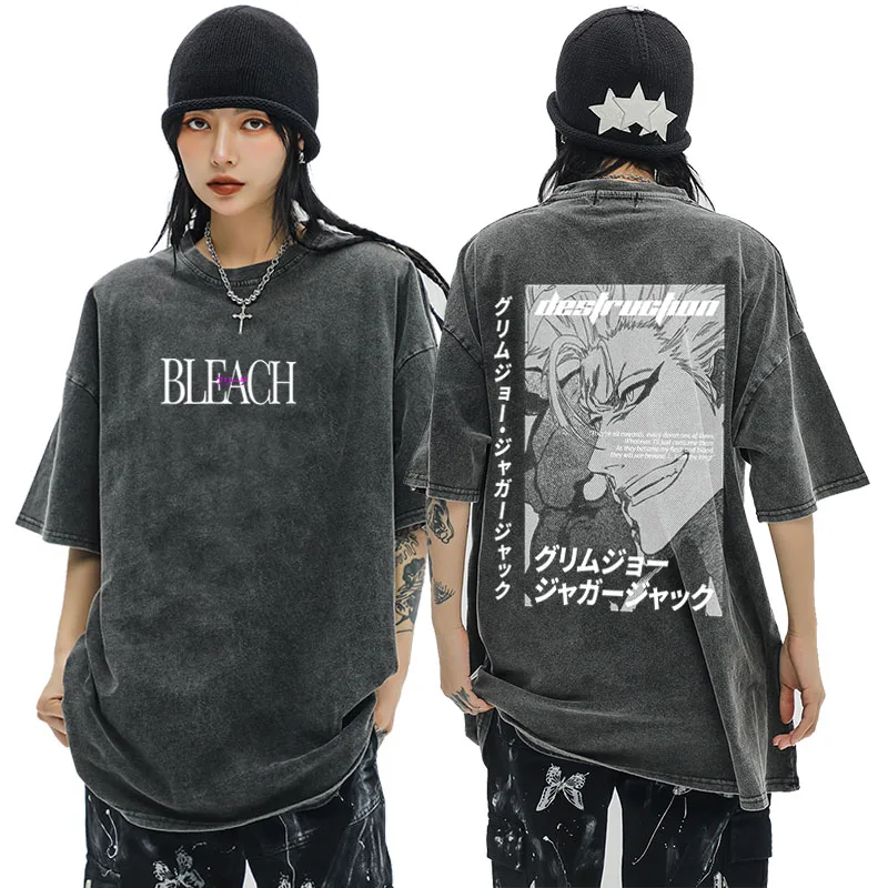 Front and back printing T-shirts Japanese Anime Death T Shirt Men Washed Kurosaki Ichigo Graphic Tees Funny Harajuku Cartoon