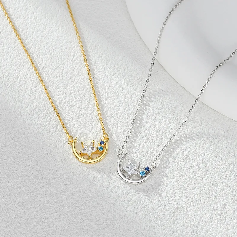 

S925 Sterling Silver Women's Gold-Plated Necklace with Niche High-End Zircon-Inlaid Moon and Stars Pendant Accessory