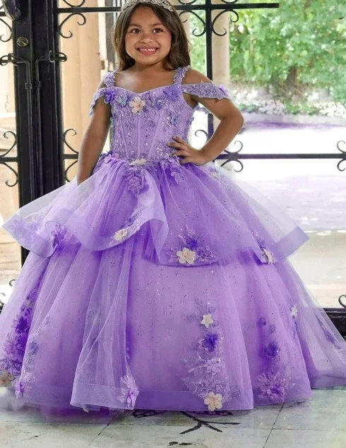 فساتين فتاة الزهور اللافندرية لحفلات الزفاف من الدانتيل بطول الأرض للفتيات والأطفال وحفلات أعياد الميلاد الأولى فساتين التواصل المقدس حسب الطلب