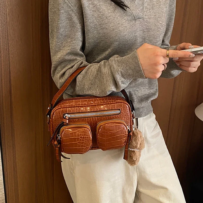 Mehrteilige Umhängetasche mit Krokodilmuster, Damen-Sling-Bag, Messenger-Bag mit Reißverschluss, einfarbige Outdoor-Handtasche – Detail 6