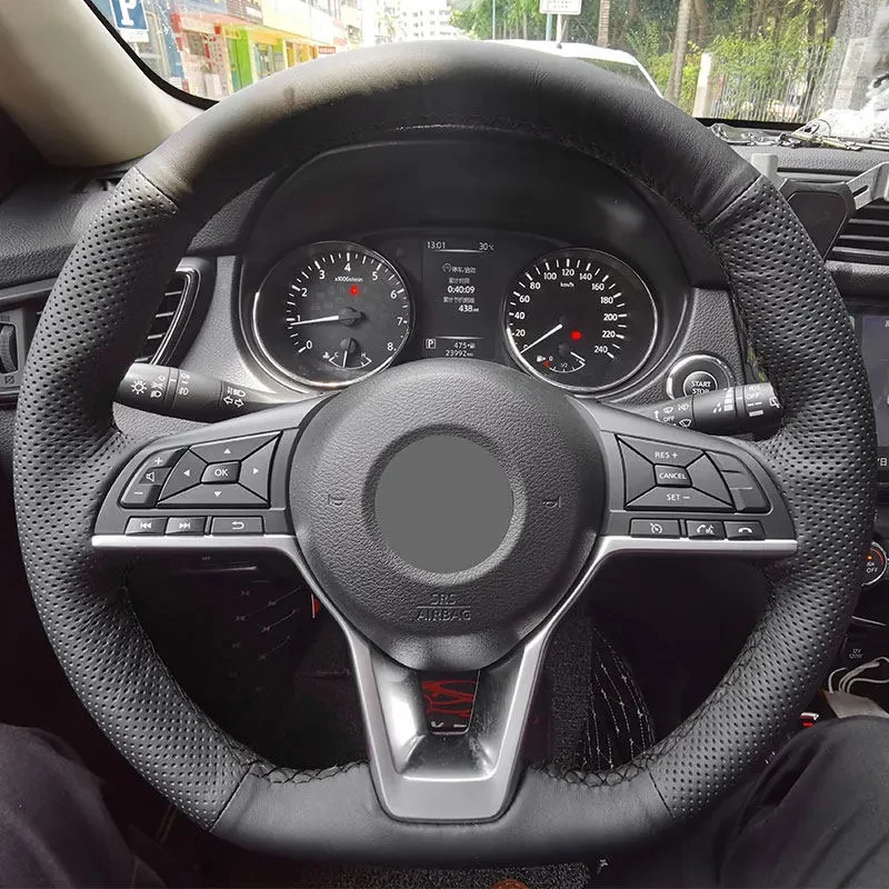 Black Perforated Leather Non‑Slip Steering Wheel Cover Fit Nissan Qashqai X‑Trail Kicks Altima 2018‑2020