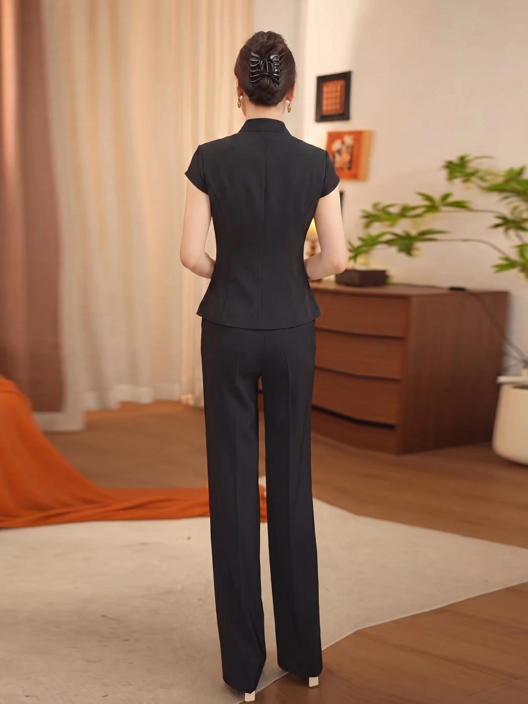 Black High Waist Slim Fit Commute Workwear Short Sleeve Stand Collar Suit Piece Autumn Fashion Women's Ensemble Professional