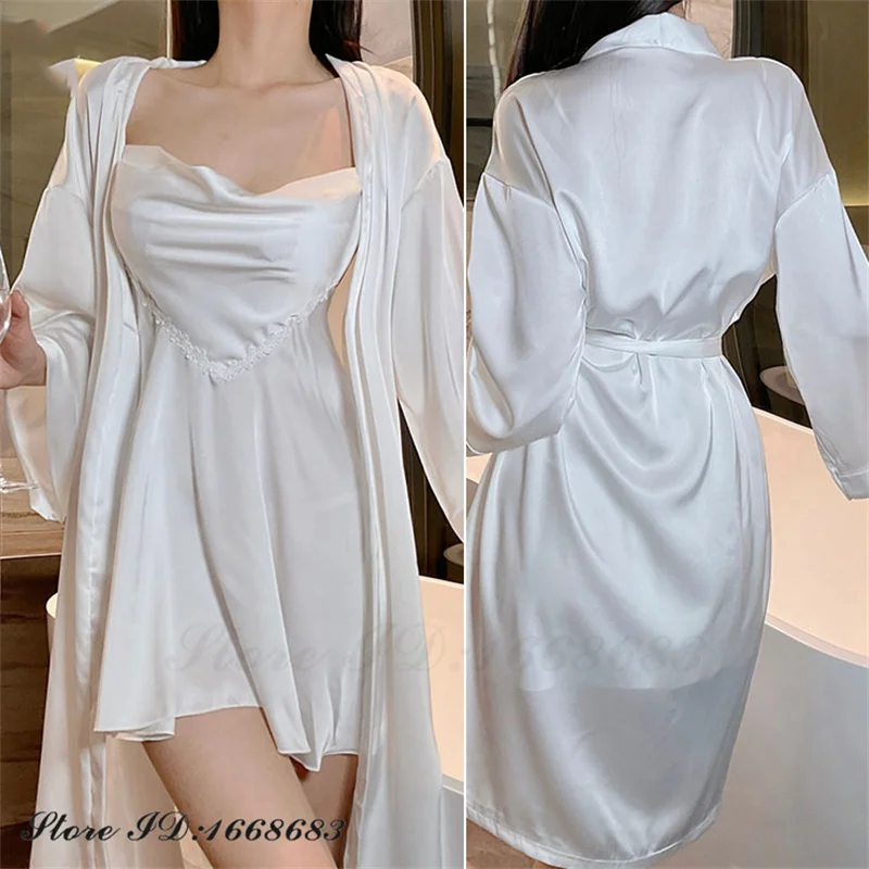 

White Bride Wedding Robe Ith Chemise Nightgown Spring Summer Female Sleepwear Two Piece Set Sexy Ice Silk Bathrobe Homewear
