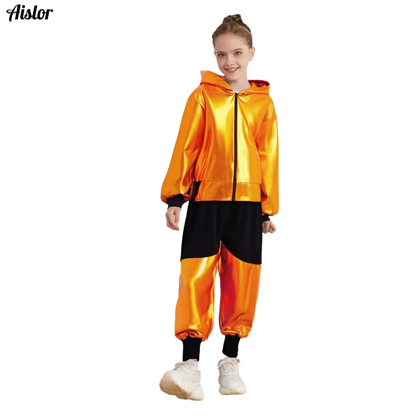 

Kids Girls Boys Tracksuit Hip-Hop Jazz Street Dance Outfit Long Sleeve Zipper Metallic Hooded Jacket Coat+Color Block Pants Set