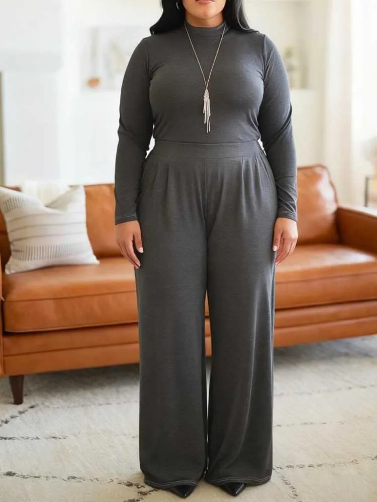 

Пышные комплекты больших размеров для женщин, осенний комплект с длинными рукавами, серый топ и элегантные брюки, повседневные комплекты, оптовая продажа, дропшиппинг