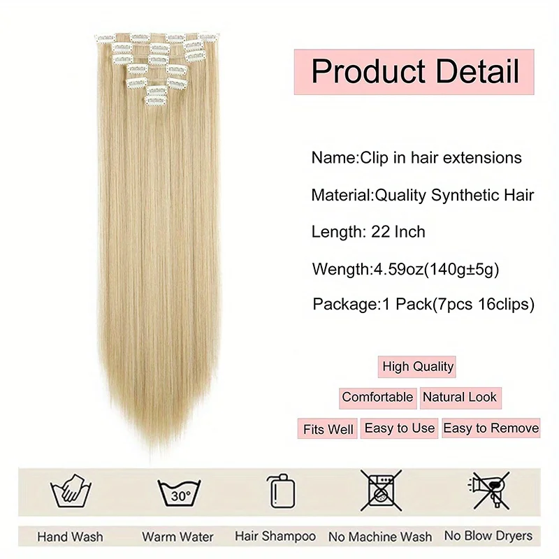 Clip in Hair Extensions for Women 22 Inch Long Straight Hair Extension Full Head Synthetic Hair Extension Hairpieces