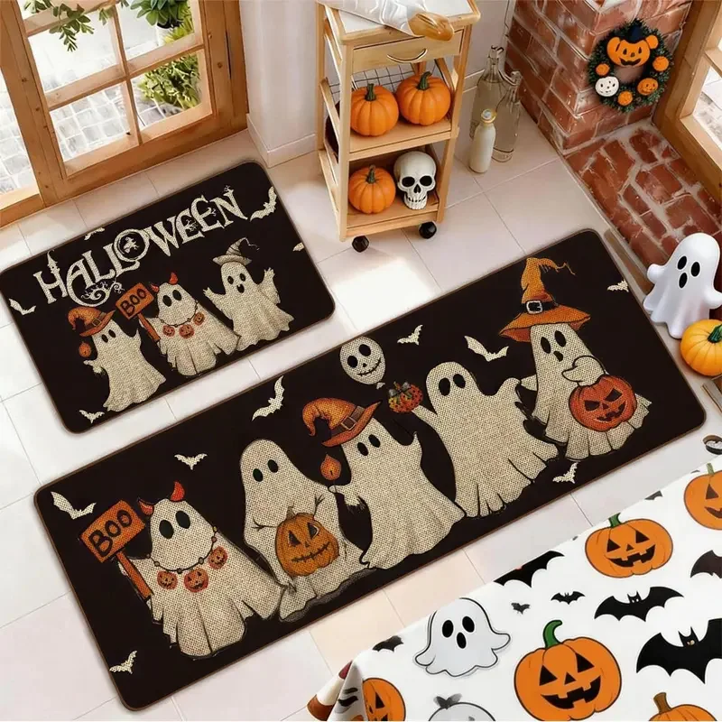 VIKAMA Halloween Ghost Pumpkin Bat Print Kitchen Rug Set Soft Non Slip Waterproof Washable Runner Floor Mat Indoor Kitchen Decor view 5