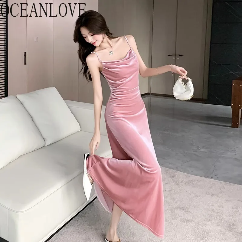 

OCEANLOVE Autumn Winter Velvet Long Dresses Solid Korean Fashion Sexy Women Dress Evening Party A-line Vestidos Mujer