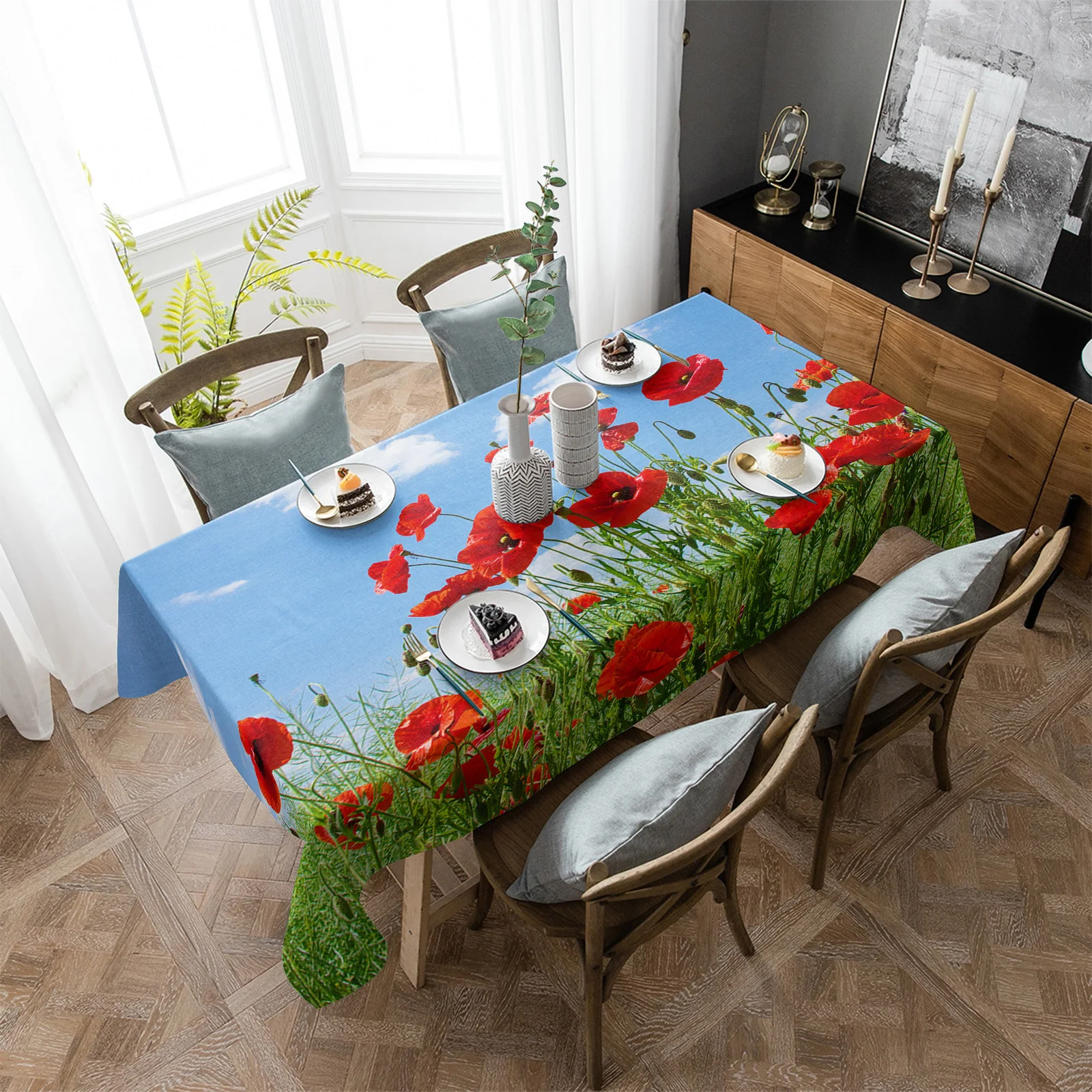 Poppy Flowers Sky Clouds Rectangular Tablecloth Dustproof Picnic Cloth Home Decoration Kitchen Waterproof Table Cover