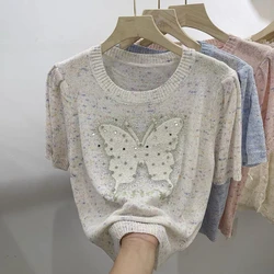 New Summer 2024 Sequined Heavy-duty Butterfly Design Fashionable Short-sleeved Knitted Top Stylish Temperament Versatile