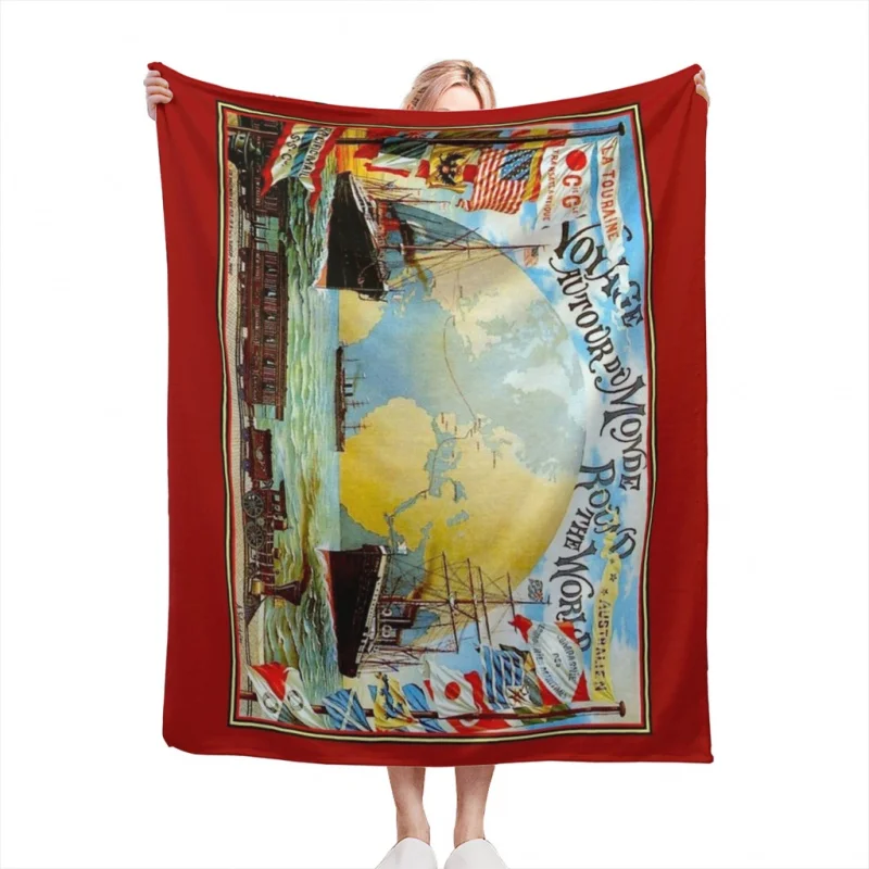 Around The World in 80 Days Vintage Jules Verne Throw Blankets Soft Velvet Blanket Camping Bedding Blanket Cold Cinema or Travel