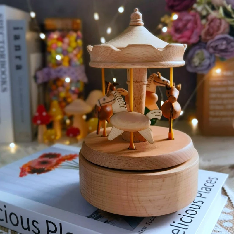 Carousel Music Box Wooden Music Box Turn Horse Shaped Wood Crafts Birthday Gifts Home Decor