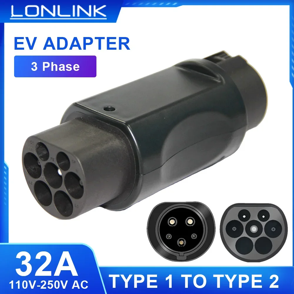 LONLINK EV Charger Adaptor 32A 7.2KW SAE J1772 Socket Type 1 to Type 2 Converter For Type 2 Eletric Vehicles Charging